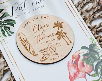 Tropical Wedding Save The Date Magnet: Engraved Wooden Pineapple