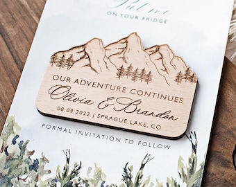 Mountain wooden save the date magnets wood wedding magnets wedding favors custom wood magnet with cards