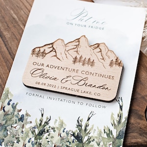 Aimants de montagne en bois, réservez la date, aimants de mariage en bois, cadeaux de mariage, aimant en bois personnalisé avec cartes