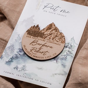 Save the date magnet, Mountain Wedding Wooden Magnet, Wooden Wedding Favor, Laser Engraved Wood Magnet,  Colorado Wedding Invitations