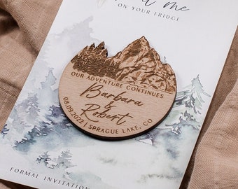 Save the date magnet, Mountain Wedding Wooden Magnet, Wooden Wedding Favor, Laser Engraved Wood Magnet,  Colorado Wedding Invitations