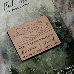 Montagnes des trois soeurs Magnets "Retenez cette date" avec des cartes Aimant "Retenez cette date" Aimant de mariage, aimants en bois, cadeaux de mariage