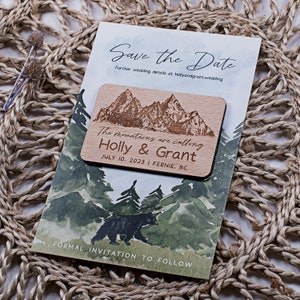 Magnets montagne "Retenez la date" magnets de mariage en bois Magnets montagne en bois, cadeaux de mariage, aimant en bois personnalisé avec cartes