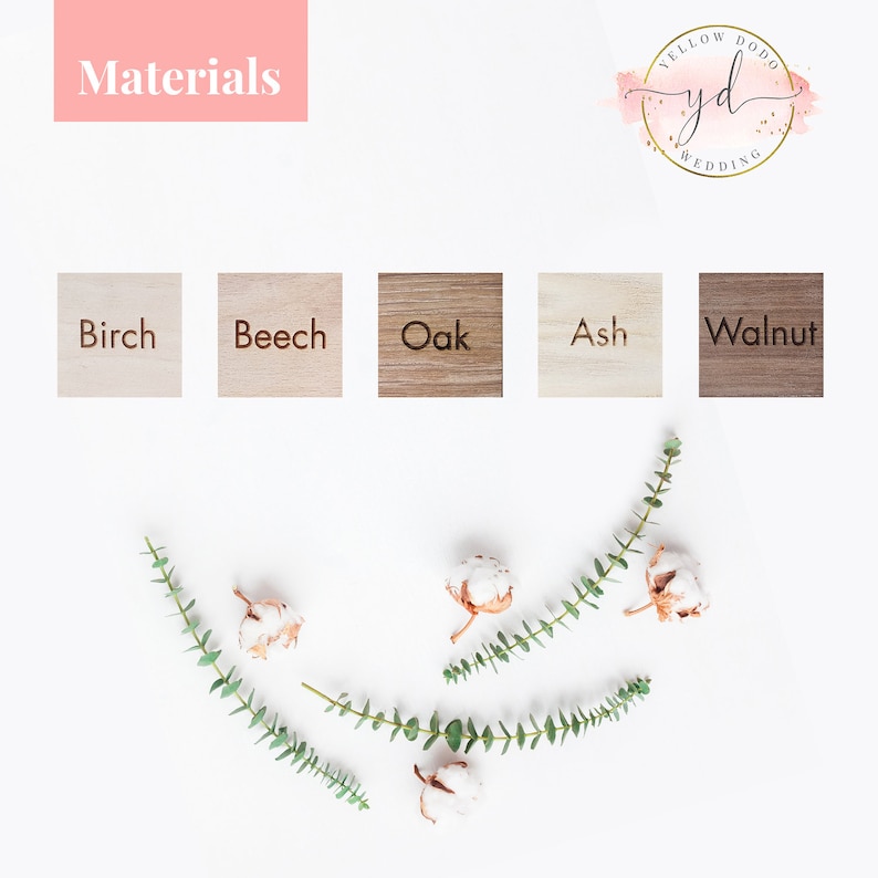 May include: An image showcasing wooden material samples labeled "Birch", "Beech", "Oak", "Ash", and "Walnut". The samples are arranged with sprigs of greenery and cotton buds on a white background. The word "Materials" is in a pink box.