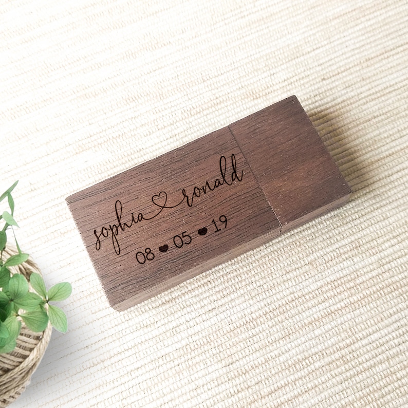 Wooden USB 3.0 Wedding Flash Drive Personalized Custom engraved 16GB, 32GB or 64 GB Walnut Wood image 3