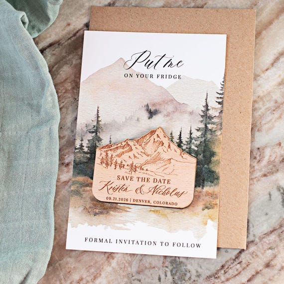 Wooden Mountain Save the Date Magnet: Rustic Wedding Favor with Card