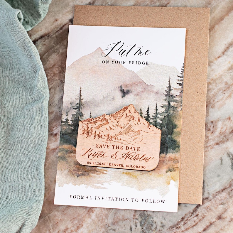 Wooden autumn mountain save the date magnets wedding magnets wedding favors Mountain wedding magnet with card wood magnet with cards
