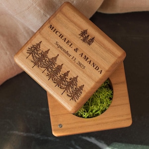 Personalized Cherry Wood Wedding Ring Box – Laser Engraved Rustic Ring Holder with Scandinavian Moss – Custom Wedding Keepsake Box