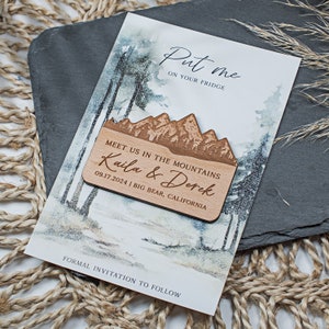 Aimant "Retenez cette date" montagne en bois Magnets "Retenez cette date" montagne en bois magnets en bois Cadeaux de mariage aimants en bois personnalisés avec cartes