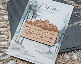 Winter save the date magnets, Winter mountain wooden magnets, Winter wedding favors, Winter wedding magnets, Winter favors