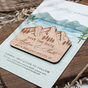 Mountain wooden save the date wedding magnets wood wedding magnets wedding favors custom wood magnet with cards mountain wedding