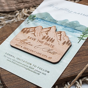 Aimants de mariage en bois de montagne, réservez une date, aimants de mariage en bois, cadeaux de mariage, aimant en bois personnalisé avec cartes, mariage de montagne