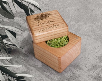 Engraved Wedding Jewelry Wooden Ring Box with moss , Engraved Engagement Ring Box, Proposal Wood Ring Box, Walnut ring box with moss