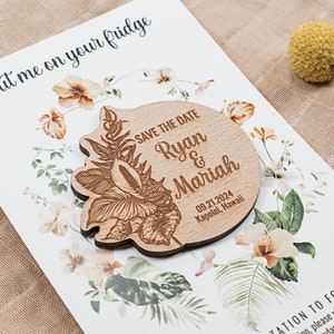 Magneti per matrimonio in legno tropicale, bomboniere estive per matrimonio, bomboniere con biglietti, magneti tropicali "save the date", magneti di ringraziamento