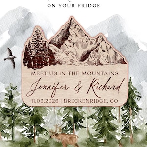 Aimants "Retenez cette date" montagne en bois avec aimants de mariage élan Cadeaux de mariage Aimant de mariage montagne avec carte Aimant en bois avec cartes