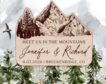 Mountain Save the Date Magnet • Laser Engraved Wooden Wedding Magnet • Moose Design • Rustic Wedding Favor • With Card & Kraft Envelope