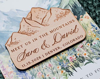 Berg wilde bloemen bruiloft magneet, houten bestemmingsbedankje, gepersonaliseerde huwelijksbedankje