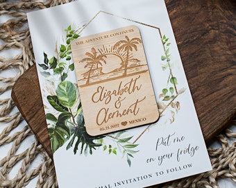 Tropical Wedding Save The Date Magnet: Palm Tree Engraved Wood