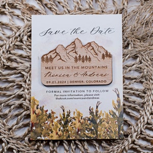 Mountain wooden save the date wedding magnets wood wedding magnets wedding favors custom wood magnet with cards mountain wedding