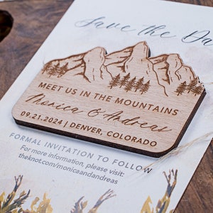 Mountain wooden save the date wedding magnets wood wedding magnets wedding favors custom wood magnet with cards mountain wedding