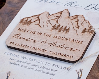 Mountain wooden save the date wedding magnets wood wedding magnets wedding favors custom wood magnet with cards mountain wedding