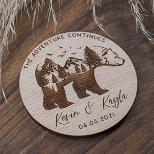 Aimants de sauvegarde de la date ours en bois, cadeaux de mariage personnalisés en montagne, aimant de sauvegarde de la date avec des cartes, aimants de sauvegarde de la date lac