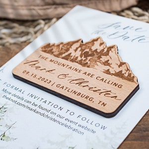 Aimants réservez la date en bois rustique de montagne, aimants de mariage en bois, cadeaux de mariage, aimant en bois personnalisé avec cartes