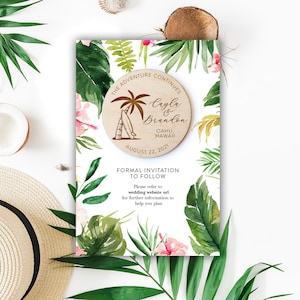 Retenez cette date tropicale en bois, aimants tropicaux, cartes de réservation de plage, aimants, réserve de verdure, aimants de plage