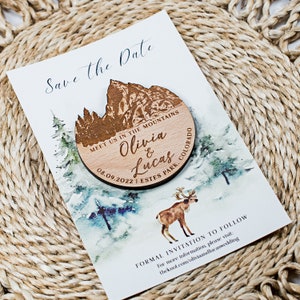 Aimants "Retenez la date" de destination, aimants de mariage en bois, cadeaux de mariage en montagne, cadeaux de mariage, aimant en bois personnalisé avec cartes, aimant de remerciement