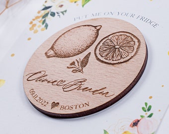 Lemon Wedding Save The Date Magnets: Engraved Wood Favors