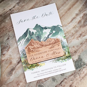 Wooden spring mountain save the date magnets wedding magnets wedding favors Mountain wedding magnet with card wood magnet with cards