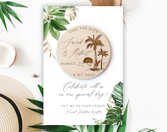 Beach Wedding Save the Date Magnet: Engraved Wood, Coastal Theme