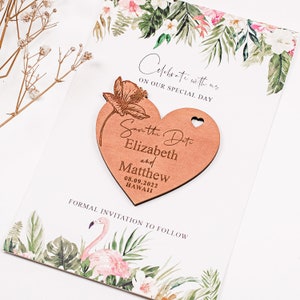 Heart Save the Date Magnet, Rustic wedding wood heart magnet, custom save the dates, Botanical wedding magnet, Tropical wedding magnet
