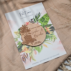 Aimant réservez une date en bois pour mariage d'été tropical, aimants réservez la date, aimants en bois, cadeaux de mariage, aimant en bois personnalisé avec cartes