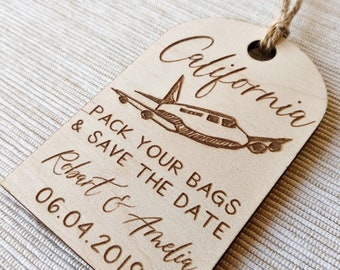 Travel Wooden save the date magnets, Luggage tag save the date magnet, Destination save the date magnet, Destination wedding save the date