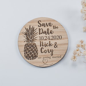 Ananas save the date-magneten, gepersonaliseerde strandhuwelijksbedankjes save the date-magneet met kaarten, zomerse save-the-date-magneten