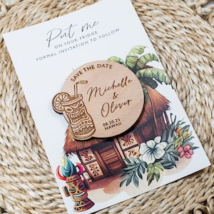 Aimants "retenez cette date" destination, aimants de mariage en bois, cadeaux de mariage à Hawaï, aimant réservez cette date tiki avec cartes, aimant de remerciement
