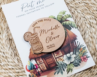 Bewaar deze datum-magneet Hawaii-bruiloft: Tiki-thema, gegraveerd hout