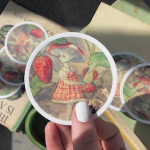 Strawberry sporeling Mushroom fairy | Vinyl circle stickers cottagecore decal laptop tablet