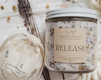 RELEASE - Lavender & Chamomile Ritual Bath Soak | 16oz Herbal Bath Salts in a jar | Essential Oil Bath | Self Care | Herbal Healing