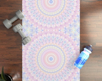 Groovy Trippy Bohemian Colorful Pastel Mandala Digital Abstract Art Rubber and Microfiber Suede Yoga Mat