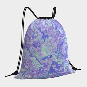 May include: A drawstring bag featuring an abstract pattern in shades of purple, blue, and green. The bag has black drawstrings and a black closure. The design has a marbled appearance.