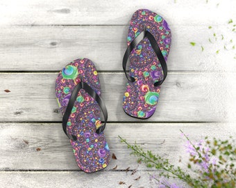 Colorful Vibrant Neon Psychedelic Funky Fractal Spiral Art Flip Flops, Polyester Suede, EVA sole