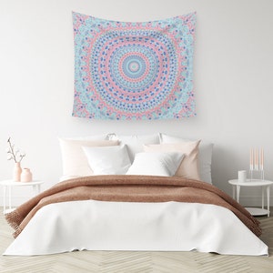 Groovy Boho Pastel Mondrian Mandala Cotton Sateen Wall Tapestry