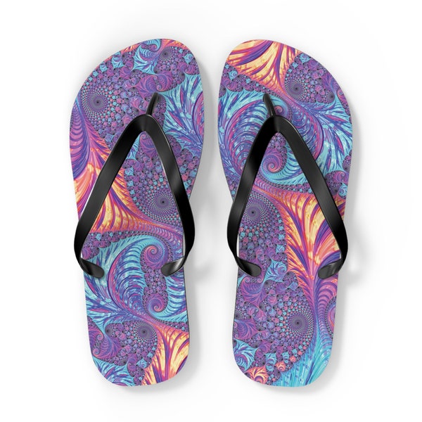 Colorful Psychedelic Neon Fractal Digital Abstract Art Flip Flops, Polyester Suede, EVA sole