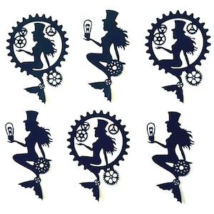 May include: Six black silhouette cutouts of a mermaid with a top hat and holding a light bulb. Each mermaid is sitting on a gear wheel and surrounded by other gears.