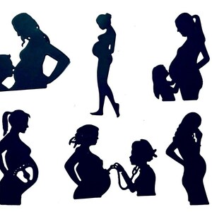 PREGNANT WOMAN, Dad and Sister Kissing Mom&#39;s BELLY, Doctor Listening with Stethoscope & More Silhouette Die Cut/ Cuts, clipart