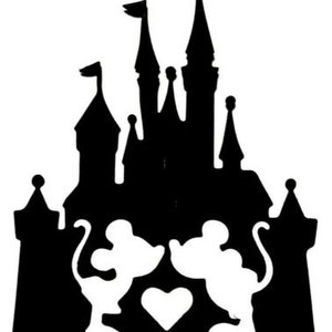 May include: Black and white silhouette of Mickey and Minnie Mouse in front of a silhouette of Cinderella's castle with a heart between them.