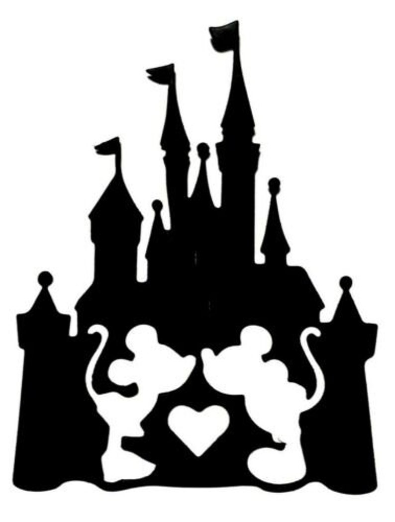 May include: Black and white silhouette of Mickey and Minnie Mouse in front of a silhouette of Cinderella's castle with a heart between them.