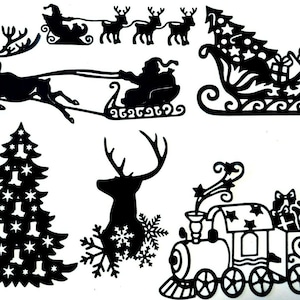 SANTA Pulled by REINDEER, Sled, CHRISTMAS Tree, Train, & More Silhouette Die Cut/ Cuts, Intricate Set